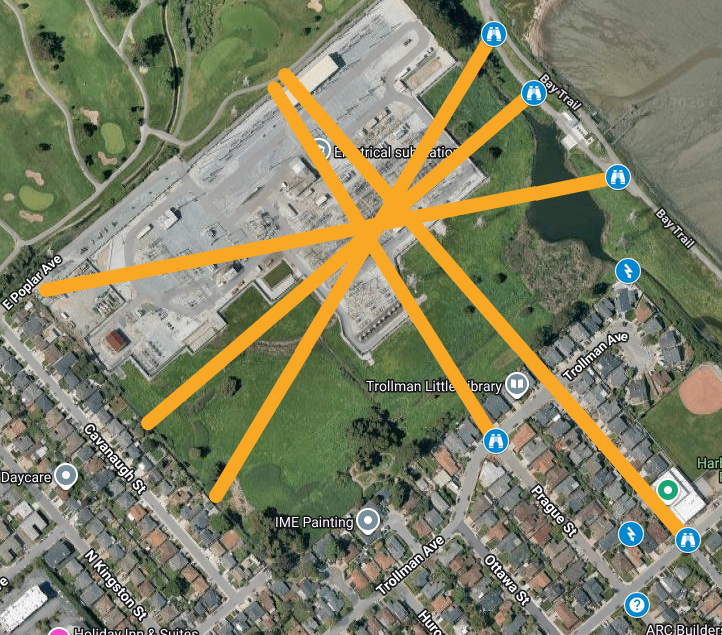 Map showing the locations of two RFI-noisy power poles and multiple observation points and the directions from which noise could be observed from those points.