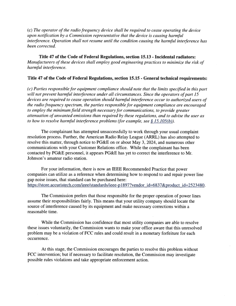 Second page of a letter from the FCC to PG&E