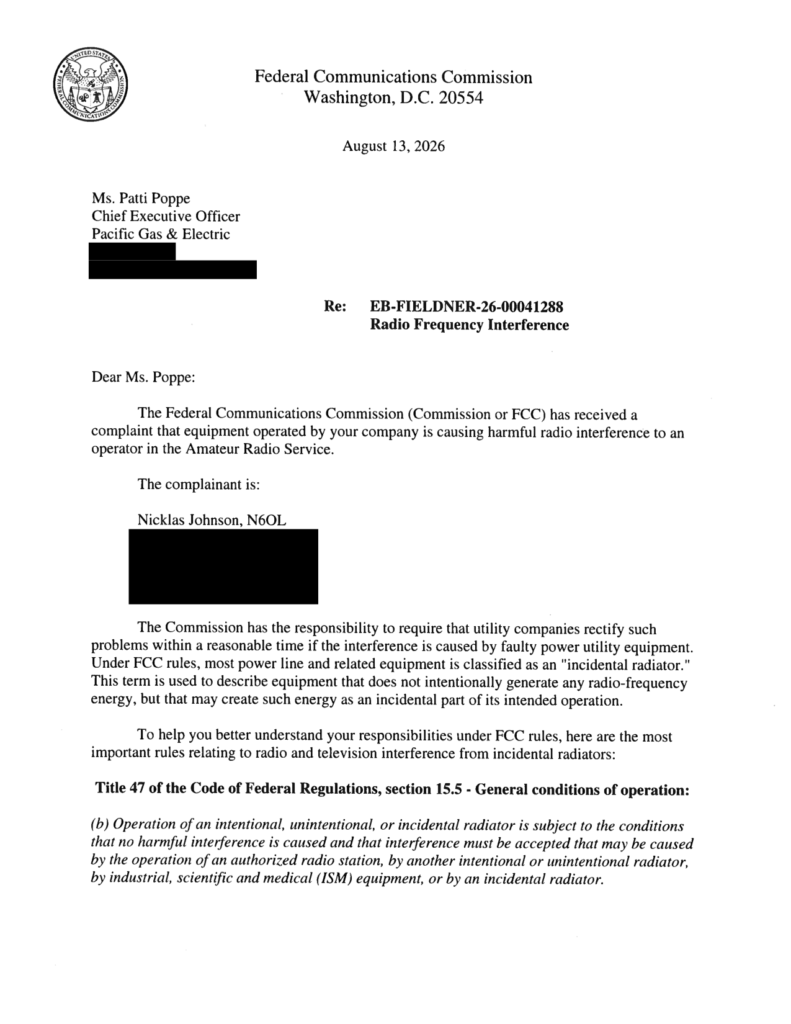 First page of an FCC letter to PG&E regarding their interference
